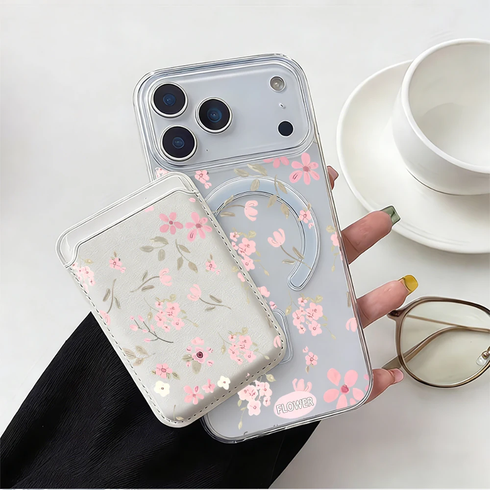 Pink Floral Magnetic Card Holder Phone Case with MagSafe Wallet