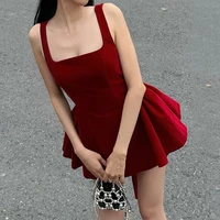 BKLD Fashion Red Bowknot Mini Dress Straps Square Collar Sleeveless Backless Vintage Cute Ladies Slim Party Short A-line Dresses - Image 3