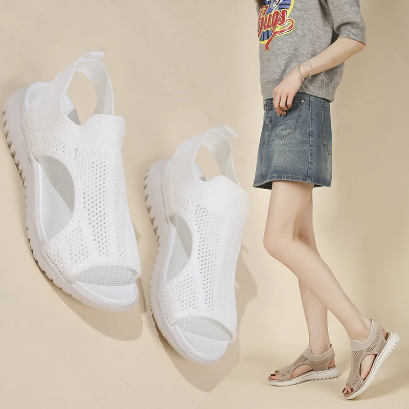 Woman Elastic Knitting Casual Sandals Shoes 2024 Summer Female Wedges Platform Peep Toe Sandals Beach Sports  Sandals