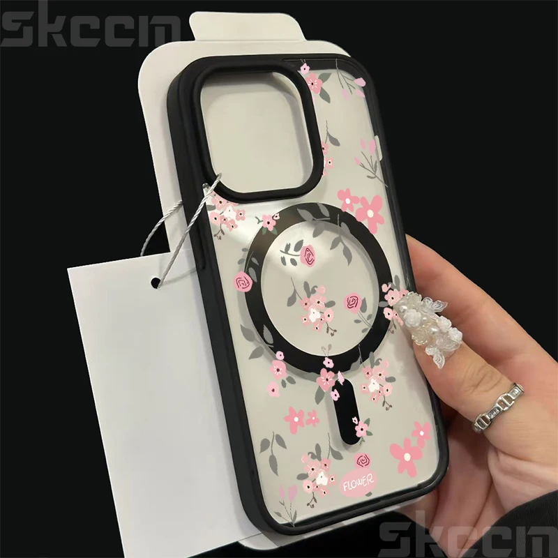 Pink Flower Transparent Shockproof Phone Case with Magnetic Wireless Charging Capability