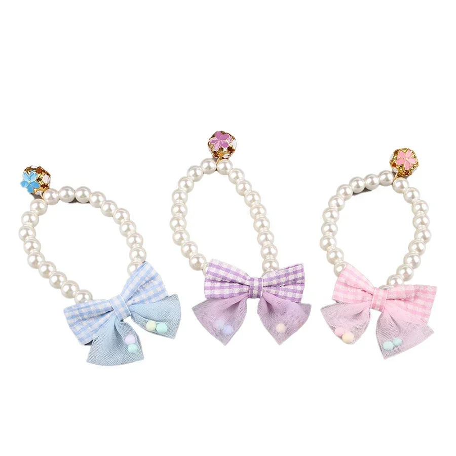 1pcs Pet Pearl Necklace Bow Elastic Collar Cat Jewelry Neck Ring Teddy Small and Medium sized Dog Neck Ring