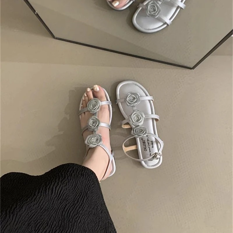 Women's Summer New Thick Heel Roses Flower Stripe Fashion Versatile Simple High Heel Slippers Shoes Casual Ladies Sandals