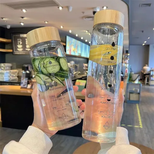 1000ml Bamboo Wood Lid Time Marker Borosilicate Glass Bottle Tea Fruit Infuser Water Bottle with Stainless Steel Filter Gift Cup 2
