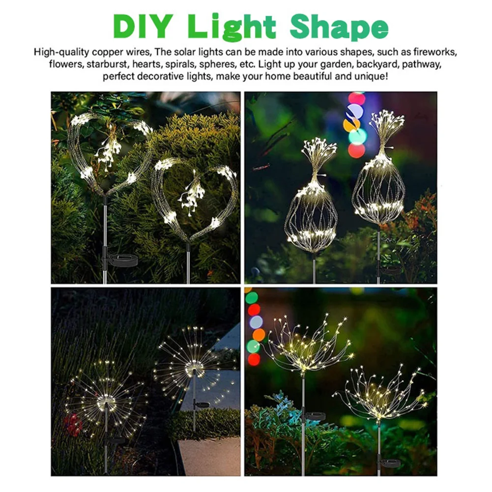2Pcs Smart Sparklers Firework LED String Light Waterproof Outdoor Solar Fairy Lights for Yard Patio Pathway Lawn Flowerbed Decor
