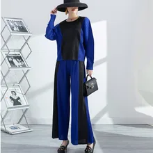 

Miyake Korean version of the contrast suit women's autumn 2021 new women's fashion two-piece long-sleeved blouse wide-leg pants