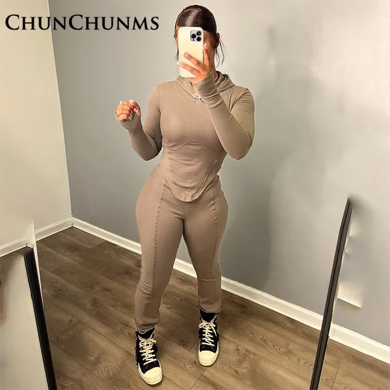 

Sexy Tight-fitting Hooded Finger Hole T-shirt Pencil Pant 2 Piece Set Women Outfit Casual Long Sleeve Hoodies Sweatshirt Bottom