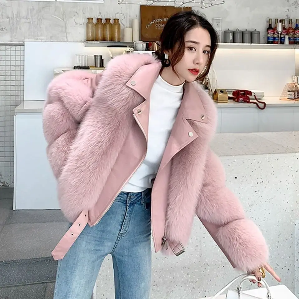 Imitation Winter New Faux Fur Women's Motorcycle Wear Short And Cotton Coat With Leather Fur Splice For Slim Stylish And Warm