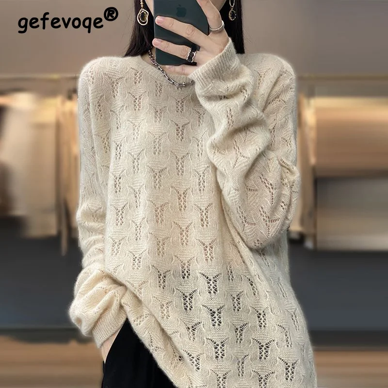 

Autumn Korean Round Neck Wool Sweater Fashionable Female Loose-fitting Hollow Out Long Sleeve Thread Solid Color Pullovers