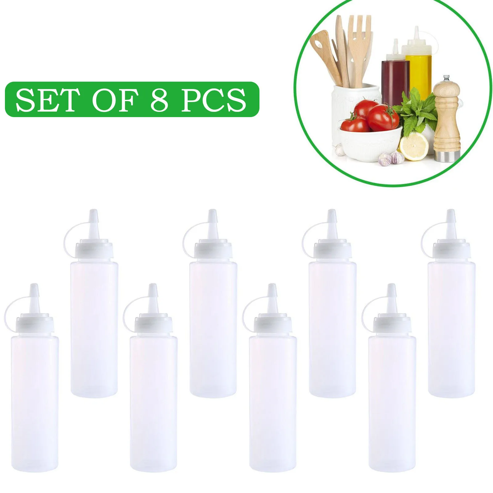 8-Pack Multipurpose Condiment Bottles For Dressing, More &ndash; Reusable Plastic Containers With Lids, Dishwasher Safe By 8 Oz/240 Ml