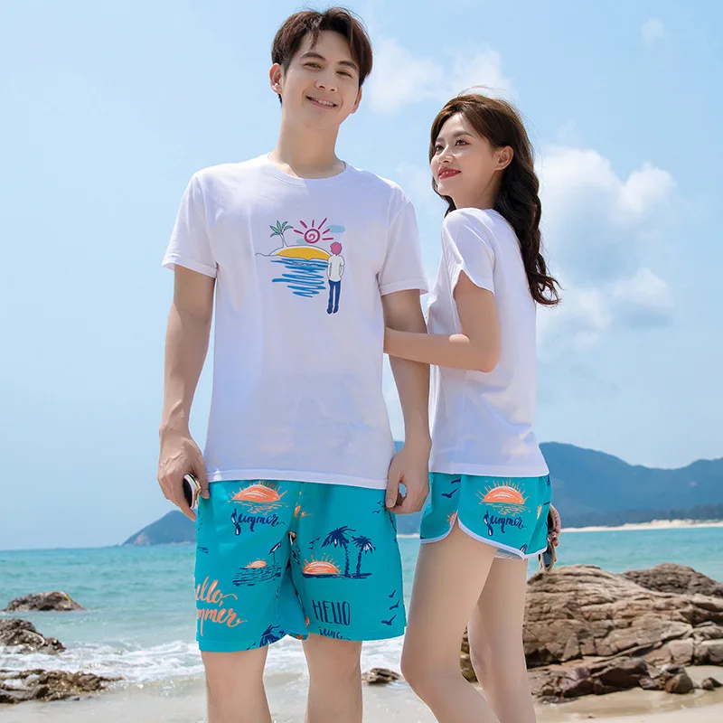 Casual Beach Vacation Suits Couples Swimwear Loose Split Set Quick Drying Beach Pants Shorts with Cotton T Shirt