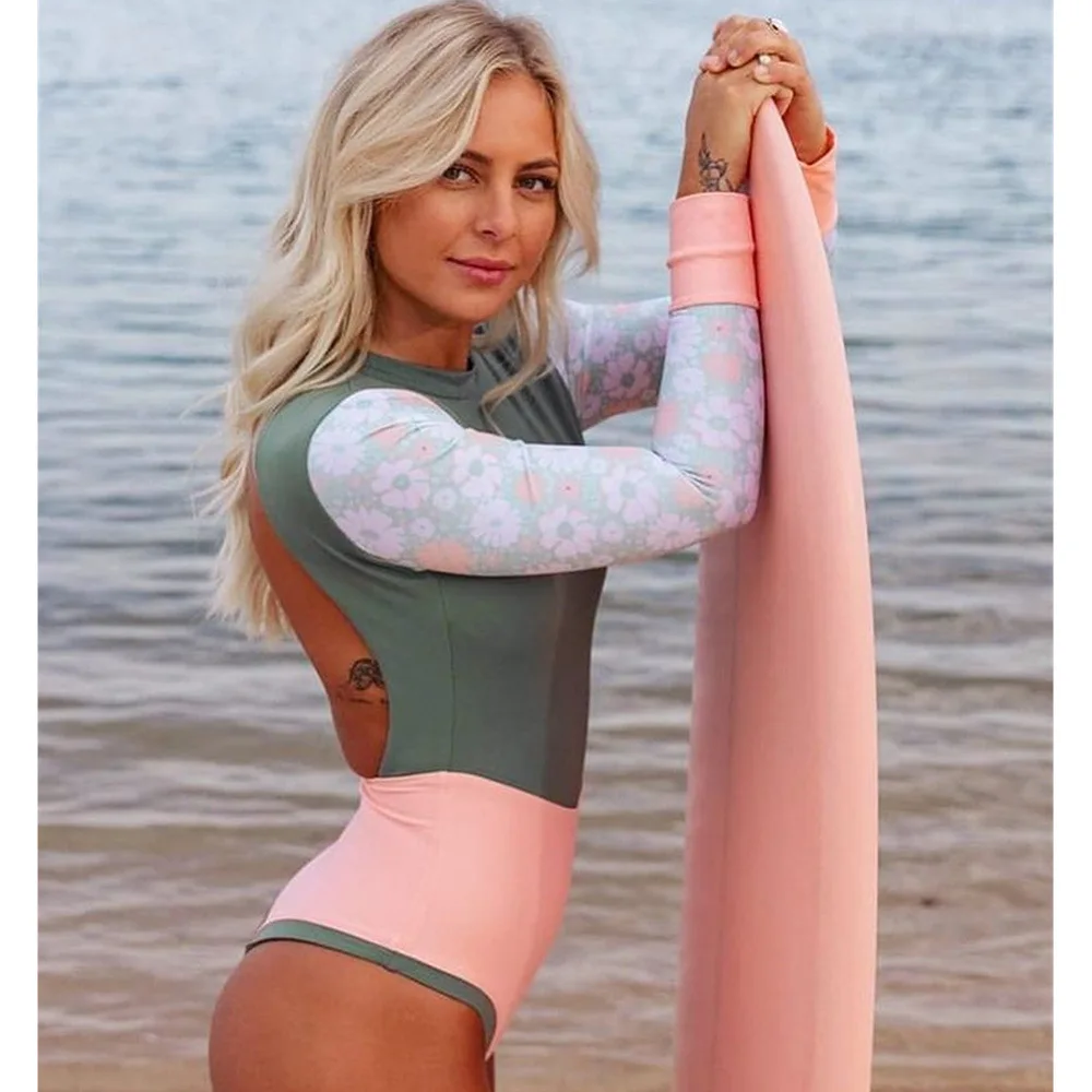 2023 neue Badeanzug Einfarbig Druck Spleißen Lange ärmeln Surfen Anzug Sexy Backless Badeanzug Weiblichen Badeanzug