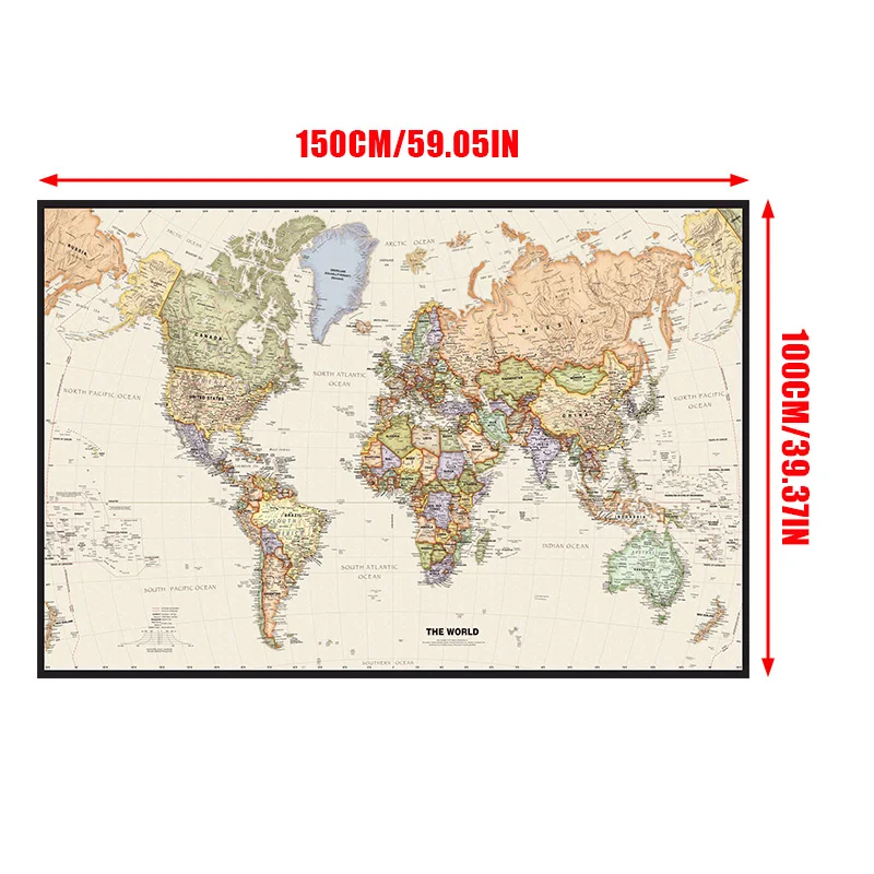 World Map Poster 150*100cm The World Map Poster Retro Non-woven Canvas Painting Wall Art Decorative Hanging Picture Room Office School Supplies