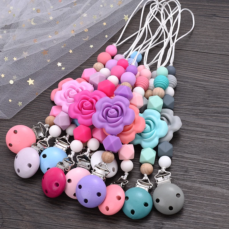 Baby Teether Pacifier Chain Silicone Wood Beads Pacifier Clips Infant Nipple Appease Soother Chain Clip Dummy Holder Nipple Clip 4