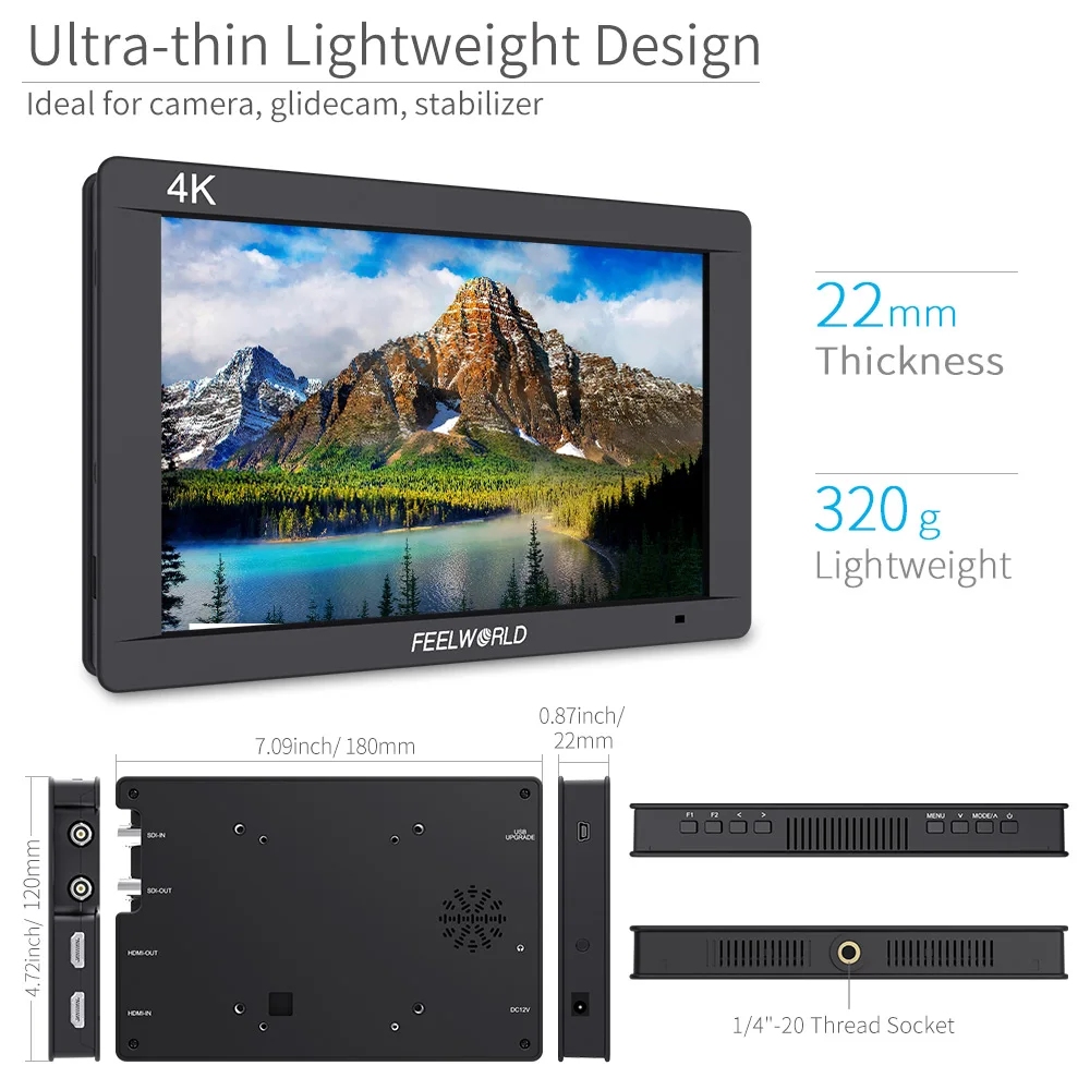 FEELWORLD FW703 7 Inch 3G SDI 4K HDMI Full HD 1920x1200 LCD IPS Field Monitor for DSLR Digital Cameras BMCC Stabilizer