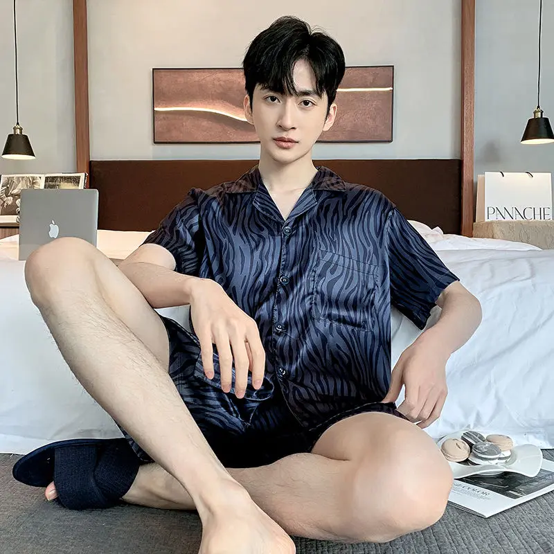 Silk Pajamas Short-sleeved Tops Shorts Men Pajama Sets Loose Sleepwear Loungewear Luxury Brand Sleepwear Thin Homewear