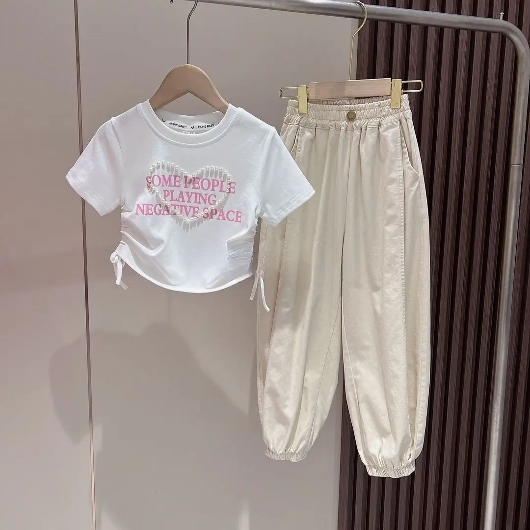 

Teenage Girls' Clothing Set Summer Korean Edition Children's Fashion Love Letter T-shirt Pants 2 Piece Set 4 6 8 10 12 15Y