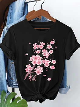 Women's Casual T-shirt, Cherry Blossom Print, Short Sleeves, Round Neck, Spring/summer Floral Design, with Japanese Characters. 1