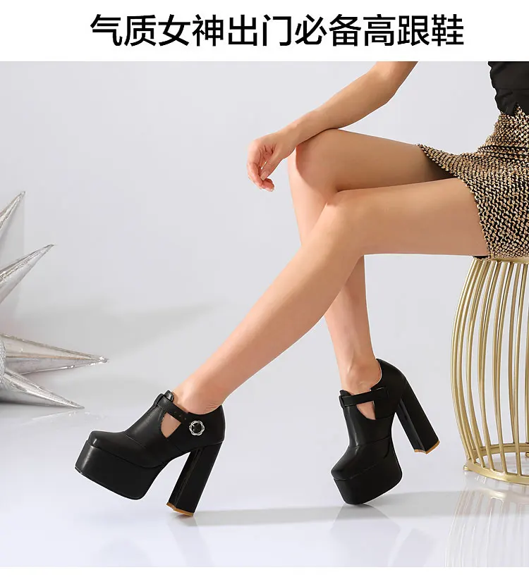 Neue europäische und amerikanische Stil dicke Sohle, dicke Ferse 13.5cm Super High Heels, tief geschnittene Einzelschuhe, T-förmiger Schnallenriemen, höhenversteigernde Modell Walking Schuhe, Frauen übergroße Größe 48 – Detail 15