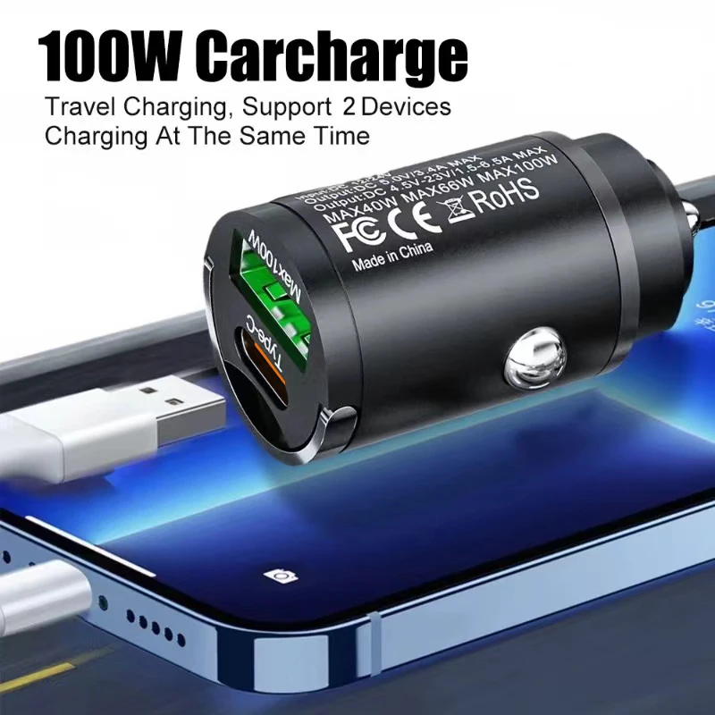 100W PD USB Car Charger Lighter Fast Charging for IPhone QC3.0 USB Type C Car Phone Charger Adapter for Xiaomi Samsung Huawei