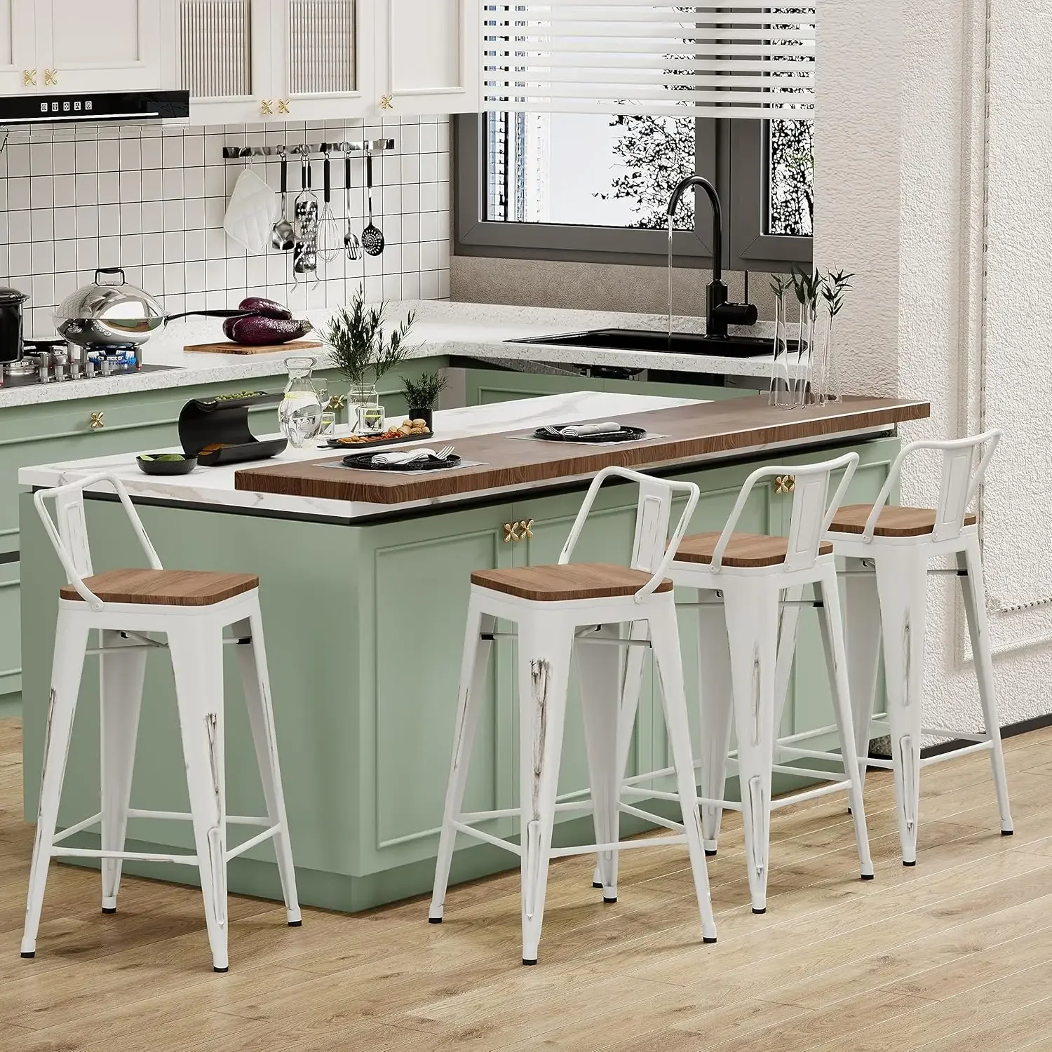 24" Metal Bar Stools Set of 4 Counter Height Barstools Industrial Counter Stool Kitchen Bar Chairs with Modern Wooden Seat