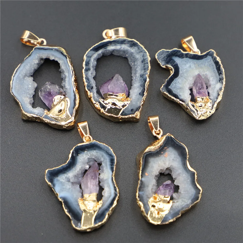 4PCS New Geode Black Agates Slice Druzy Pendants Inlaid Natural Amethysts Point Irregular Shape Stone Elegant Quartzs Jewelry