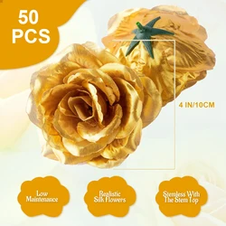 Gold Rose Artificial Flowers - 50 Piece Set, Elegant Stemless Flower Heads for Weddings, Parties, and DIY Projects (Gold)