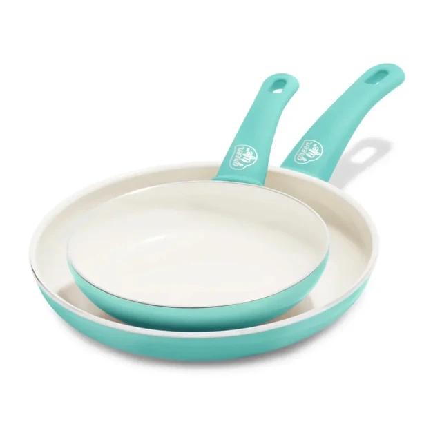 GreenLife Soft Grip Healthy Ceramic Nonstick, Frying Pan/Skillet Set, 7  and 10, Turquoise