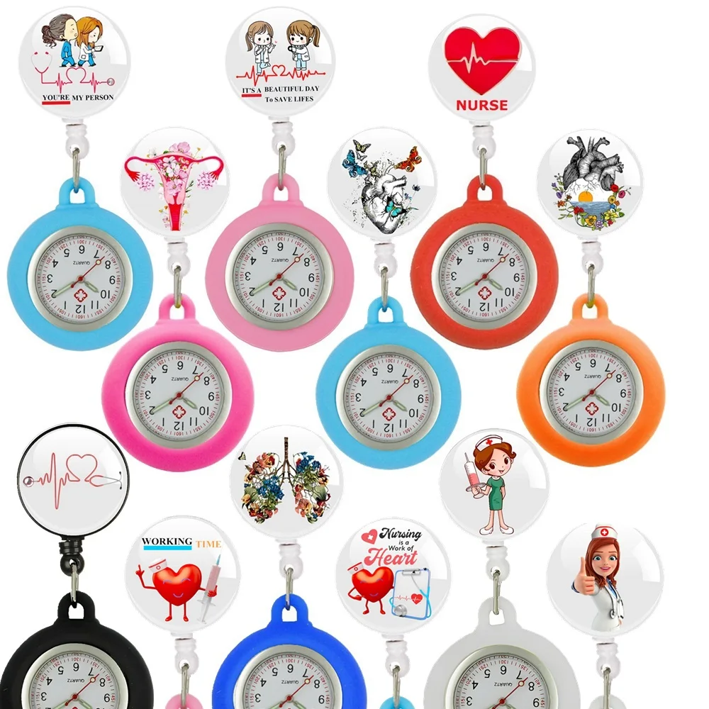 Cartoon Medical Icons Lovely Nurse Doctor Retractable Badge Reel Hanging Quartz FOB Pocket Watches Unisex Clip Clock Gifts