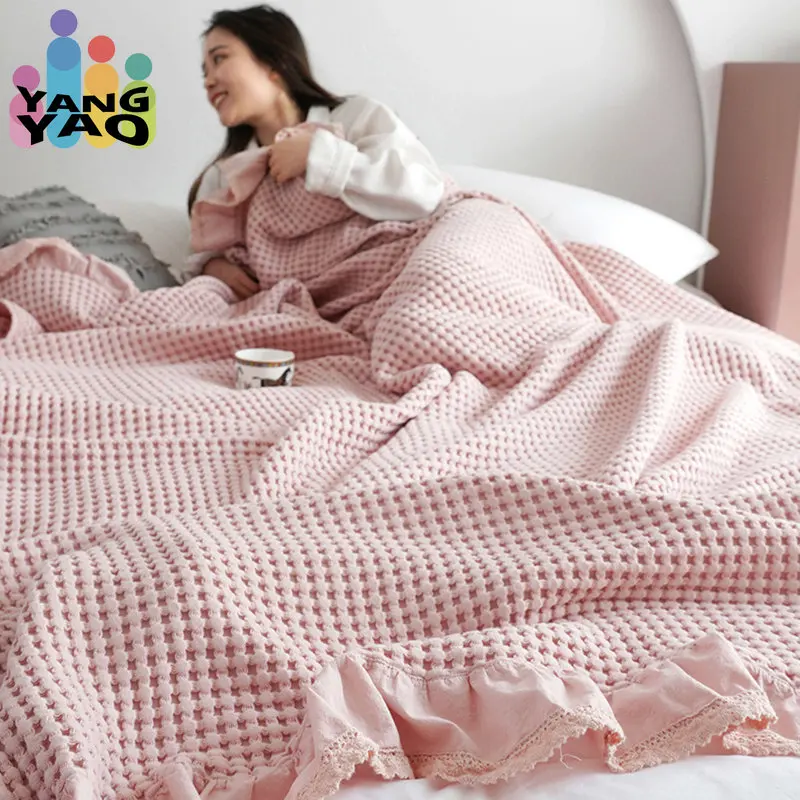 

100% Cotton Soft Bed Plaid Home Japenese Knitted Blanket Corn Grain Waffle Embossed Summer Ruffles Warm Plaid Throw Bedspread