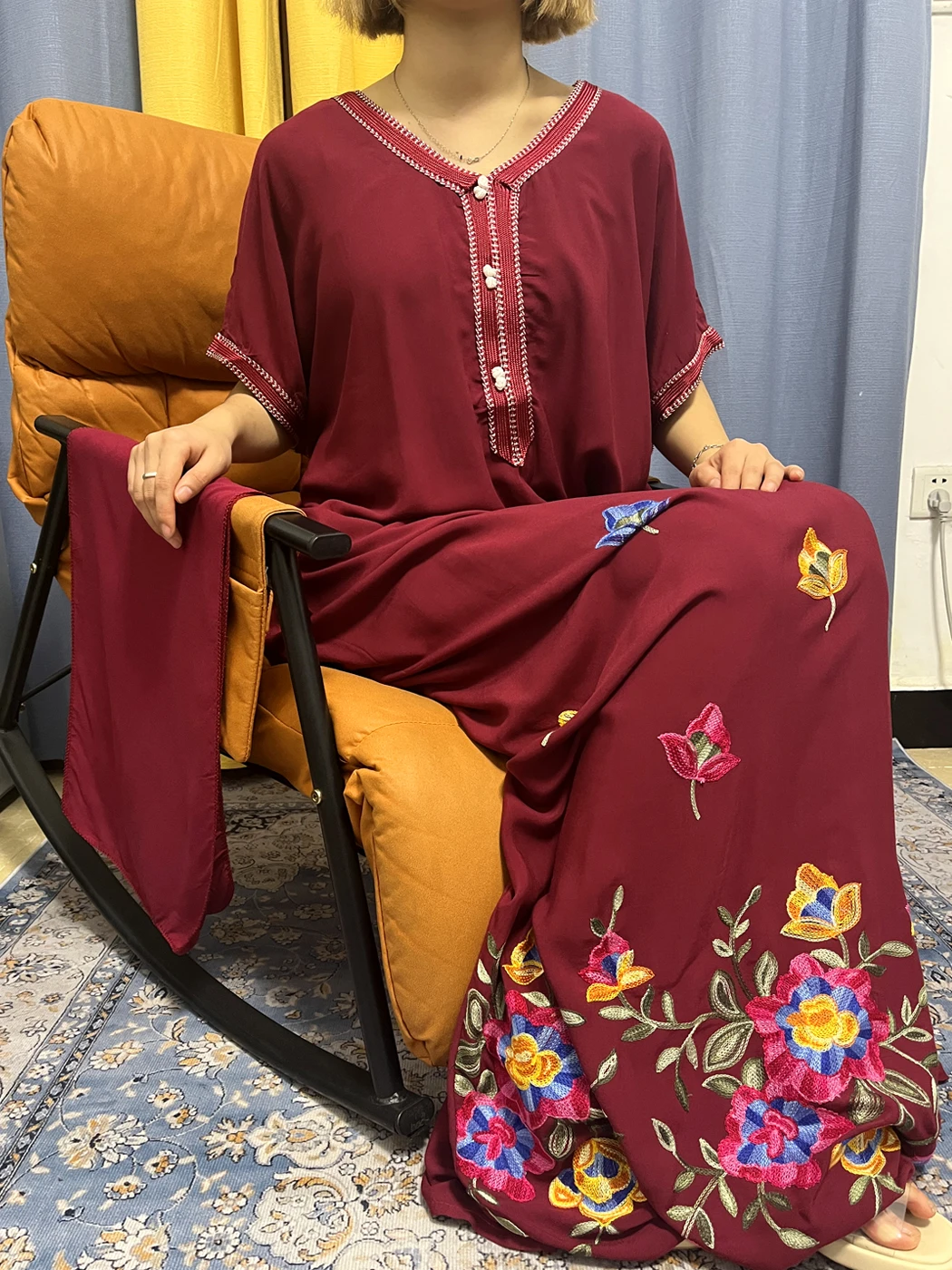 Abayas For Women Dubai 2023 Muslim Cotton Pure V-neck Embroider African Dresses Loose Novelty Robe Femme Musulmane With Turban