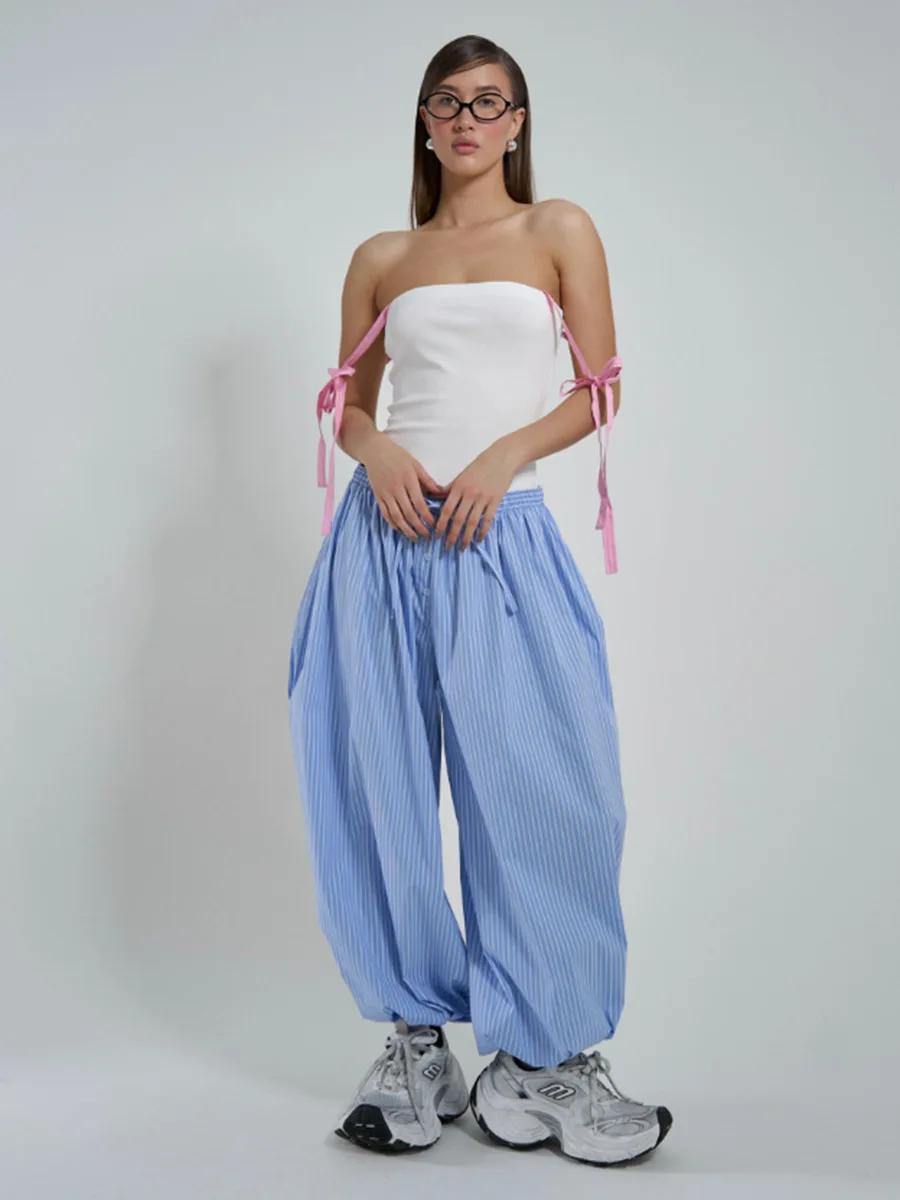 Tossy Striped Lace-Up Casual Women's Pants Patchwork Loose Streetwear Trousers High Waist Commute Clothes Female Bandage Pants
