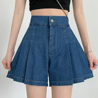 DFRCAEG 2024 Summer Plus Size Denim Shorts For Women High Elastic Waist Blue Or Sky Blue Pleated Mini Large Size Short Femme - Image 2