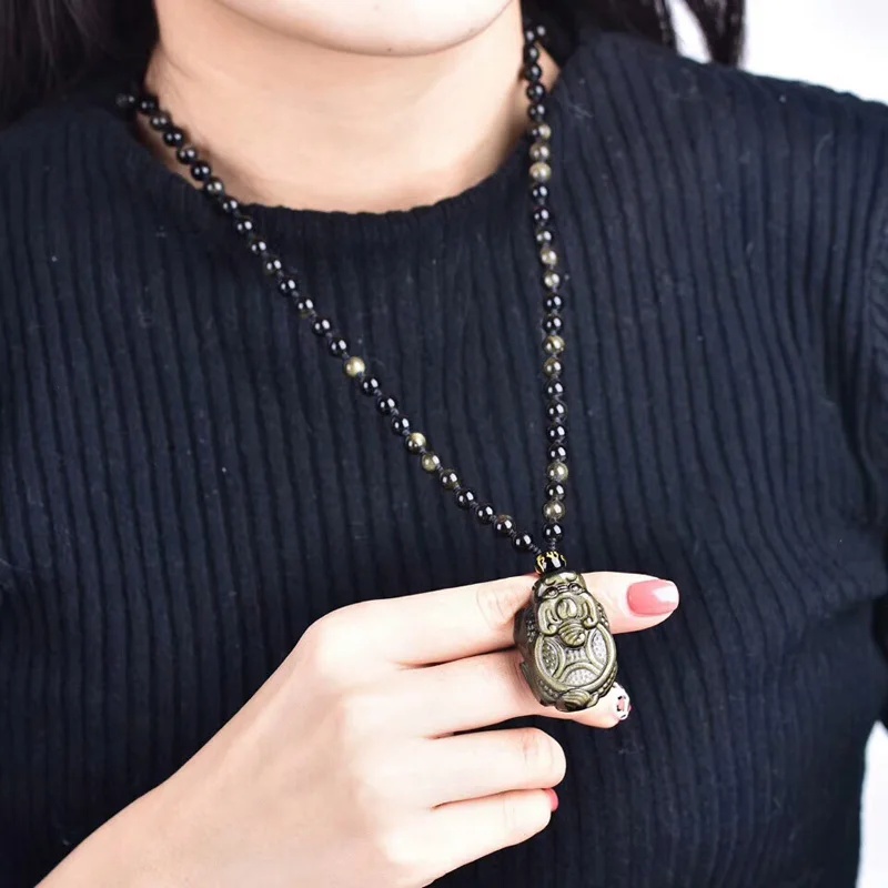 Gold Obsidian Dragon Turtle Pendant With Black Beads Necklace Men Jewelry For Women Fashion Bless Peace Pendants pendulo