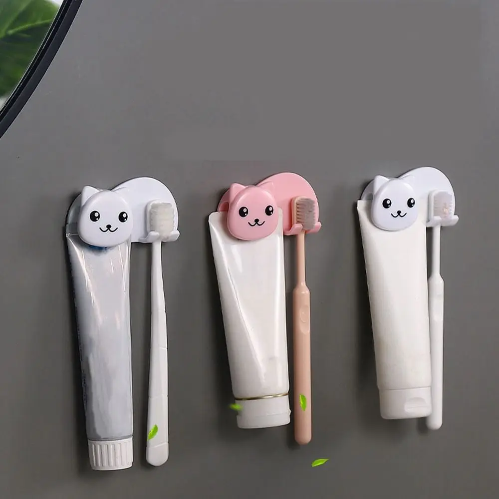 Plastic Cat Shaped Toothbrush Holder 2 in 1 Toothbrush Toothpaste Rack Wall Mounted Facial Cleanser Storage Clip