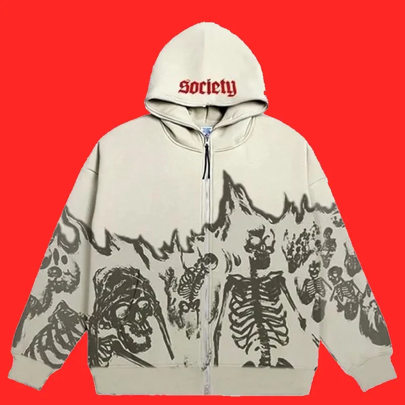 Men Anime Skull Hoodies Women Vintage Gothic Zip Up Long Sleeve Streetwear Loose Coats Harajuku Letter Print Hooded Sweatshirts