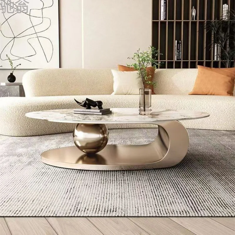Contemporary Home Oval Gold Top Center Table Metal Living Room Furniture Modern Luxury Marble Slate Coffee Table