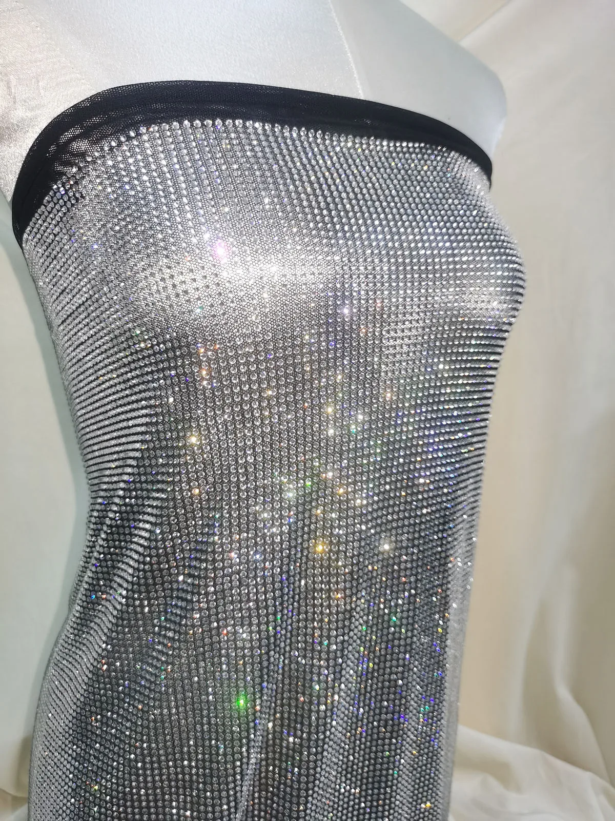 Rhinestone Mesh Fabric Nude Flesh color Spandex Elastic Crystal Net Trim  Transparent Fishnet Sexy Apparel Clothing Customize