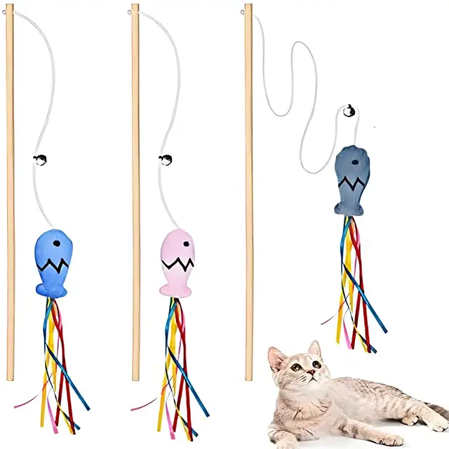 Fashion Cat Wand Toy Natural WoodenTeaser Wand for Cat Interactive Elastic String Cat Stick Pole Toy for Indoor