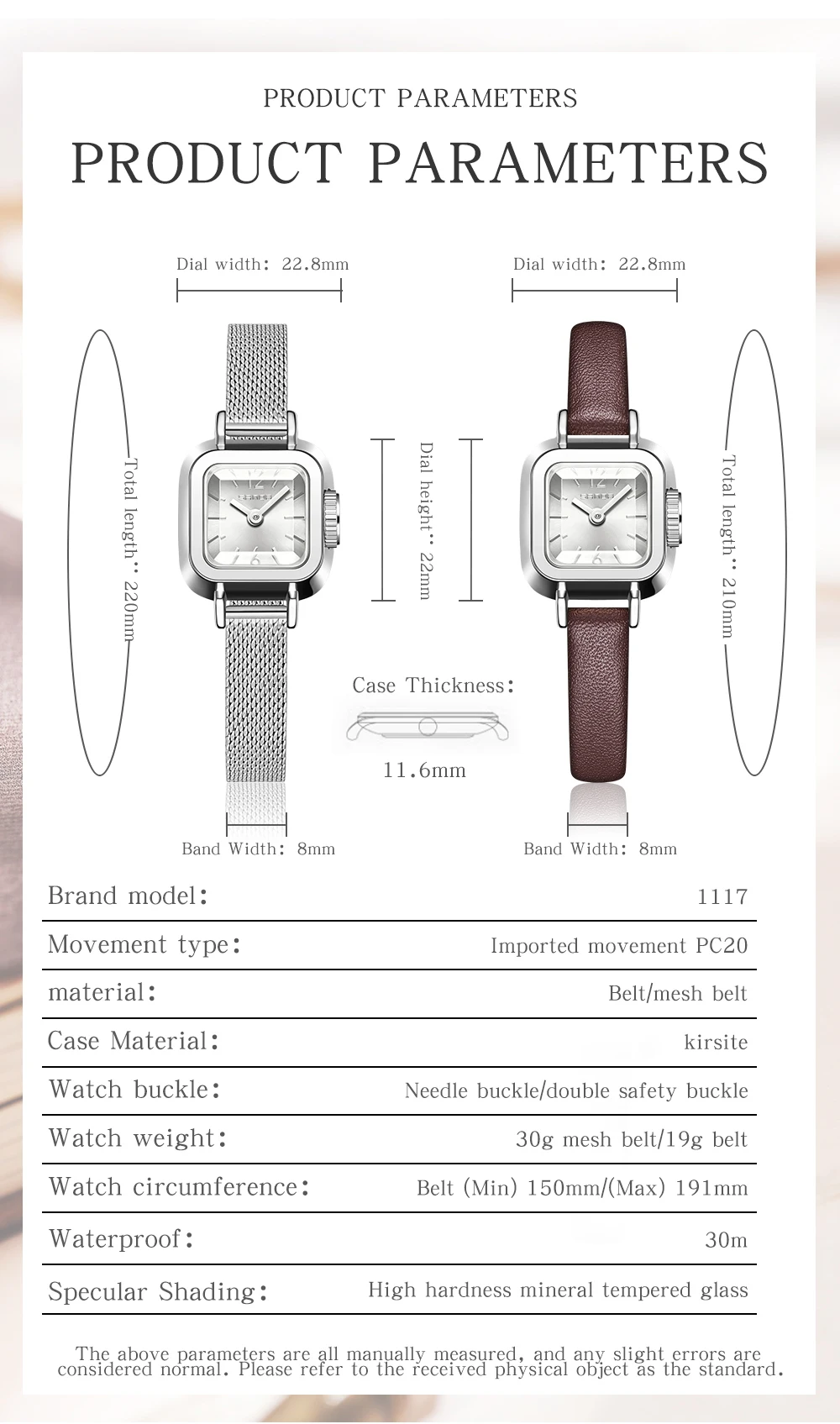 2023 New Style Madam Watch Square Mesh Belt Fashionable and Simple Roman Sanda 1117 Pattern Waterproof Quartz Women's Belt Watch