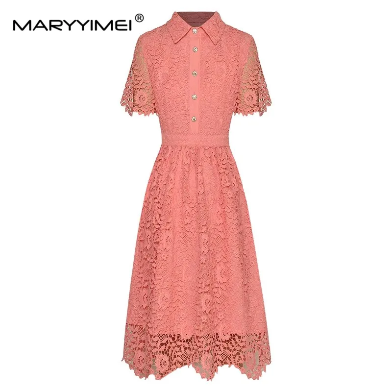 

MARYYIMEI Summer Fashion Designer Women's dress Turn down Collar Short sleeved Hollowed out Waist up Elegant Dresses