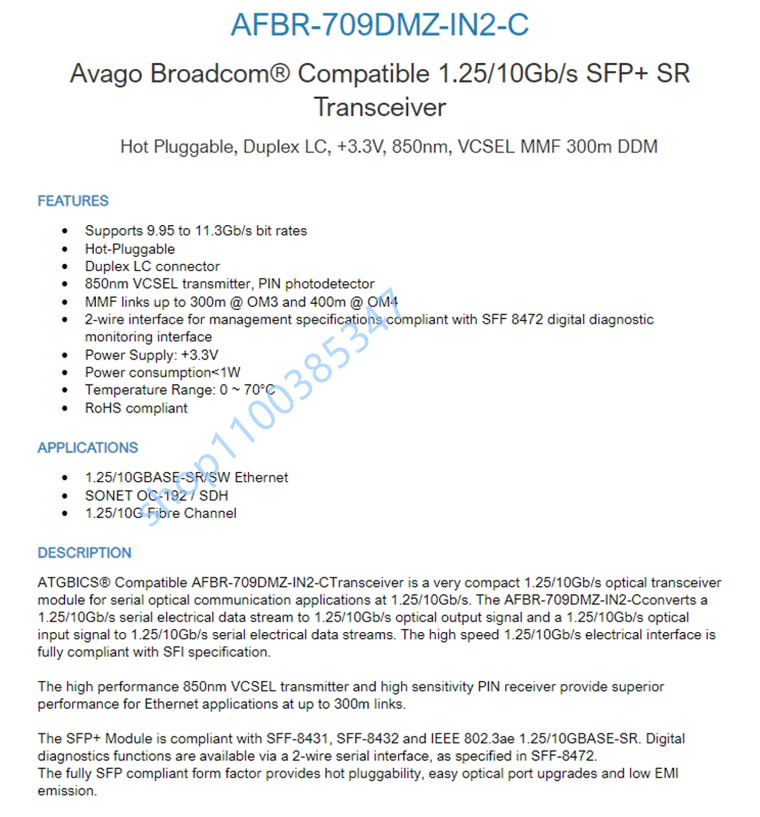 In-te-l Module SFP+ Switch 10GB  AFBR-709DMZ-IN2 E10GSFPSR/X520 X710 fiber optical network module 10gb/10G Fiber optical