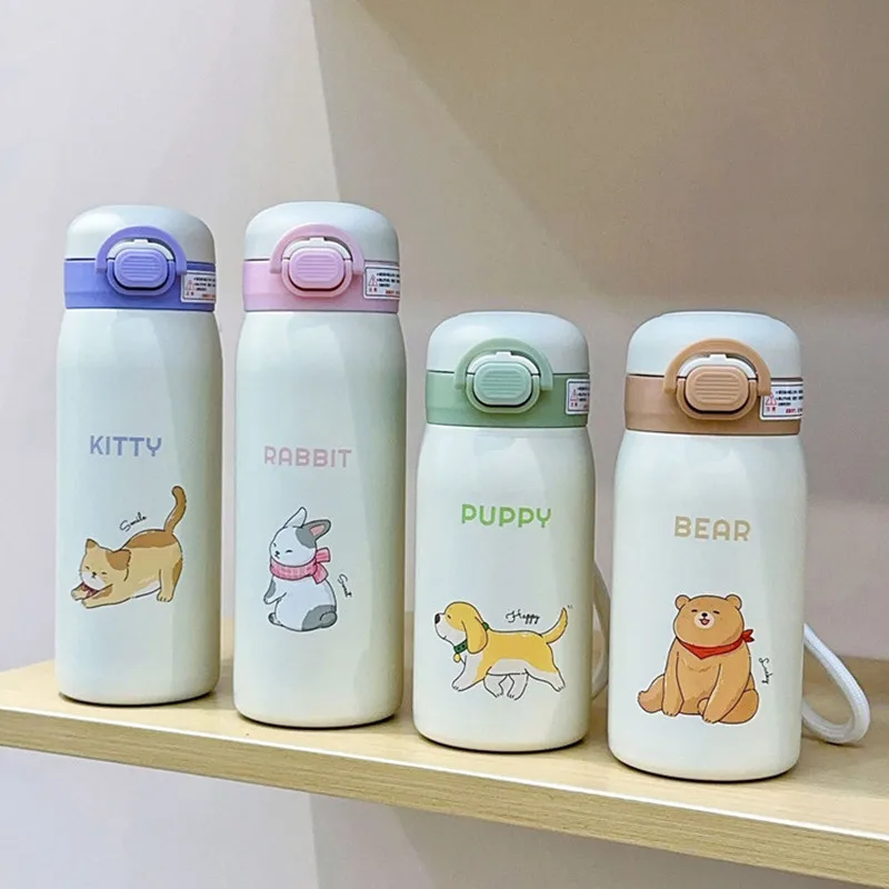 350ml/500ml Cartoon Double Stainless Steel Vacuum Flask Straw Portable Cute Kids Student Thermos Mug Travel Tumbler