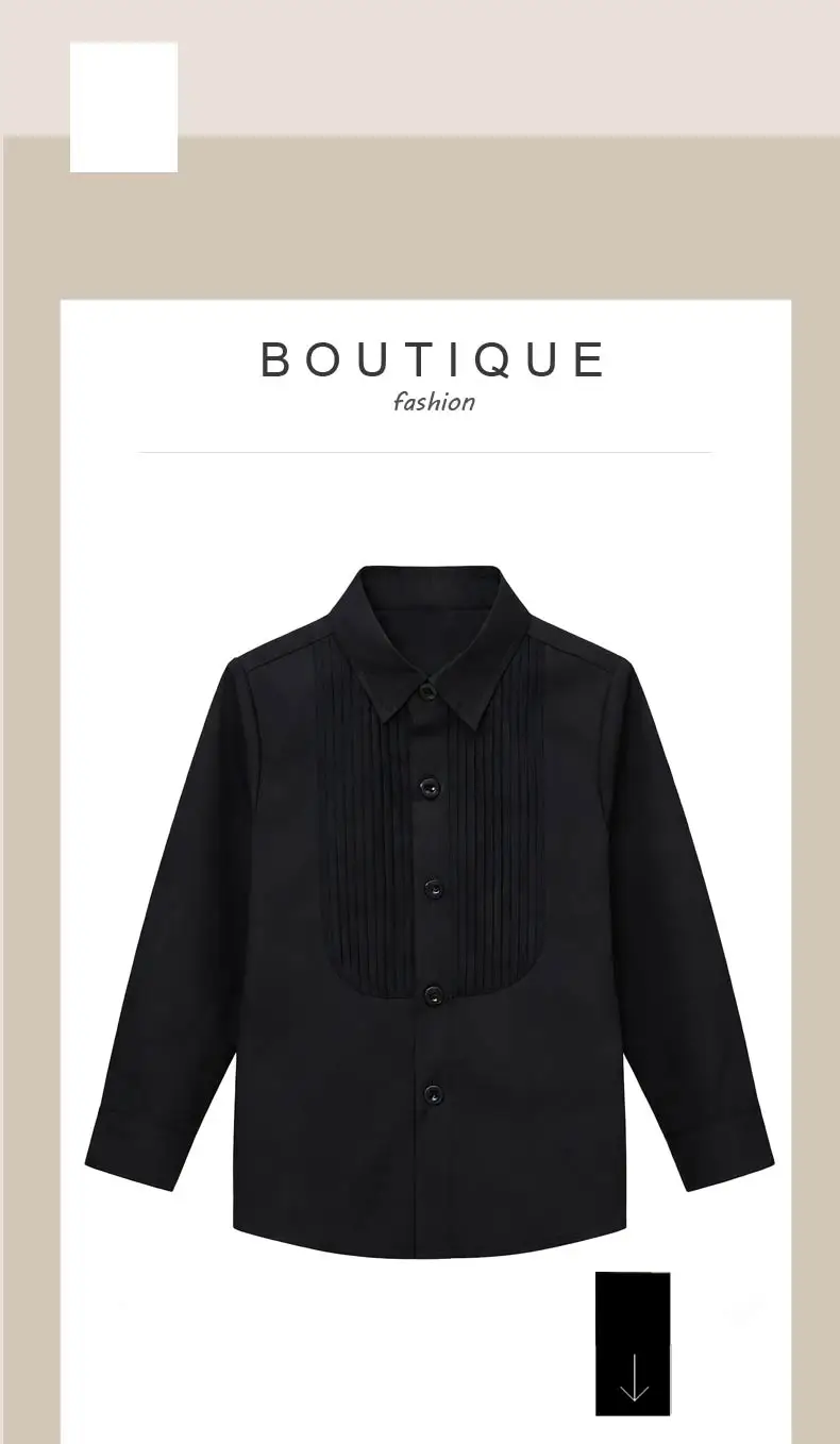 قميص رسمي للأولاد بأكمام طويلة باللونين الأسود والأبيض، بتصميم توكسيدو مع طيات أمامية وأزرار، قميص بأكمام قصيرة للأطفال لحفلات الزفاف