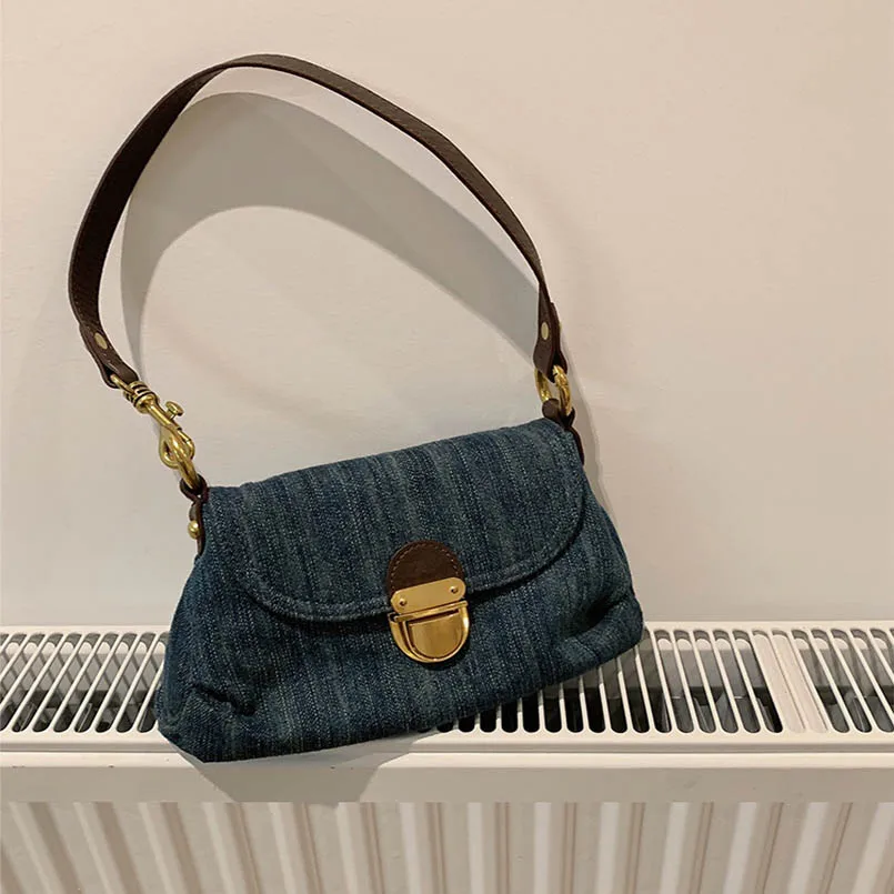 

Denim Retro Unisex Foldable Cover Latch Blue Shoulder Crossbody Bag Armpit Handbag Flap Femal Jean Purse