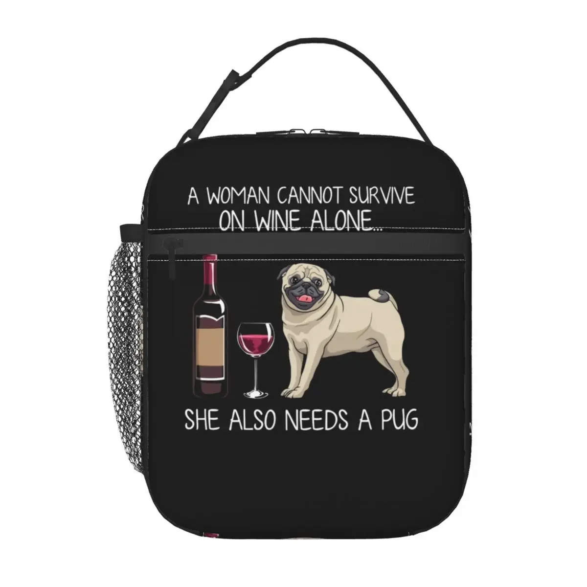 Pug 와인 재미있는 강아지 재사용 가능 도시락 상자, 다기능 애완 동물 강아지 애호가 열 냉각기, 식품 절연 도시락 가방, 어린이 학교 어린이