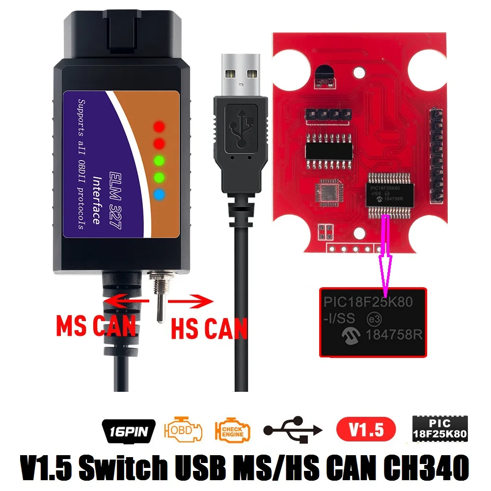 Elm327 Usb Ftdi Hs Can És Ms Elm327 Usb V1.5 Obd2 Diagnosztikai Kábel Pic18F25K80 Chip Elm 327 Hardver 1.5 Obd2 Elm 327 Bluetooth