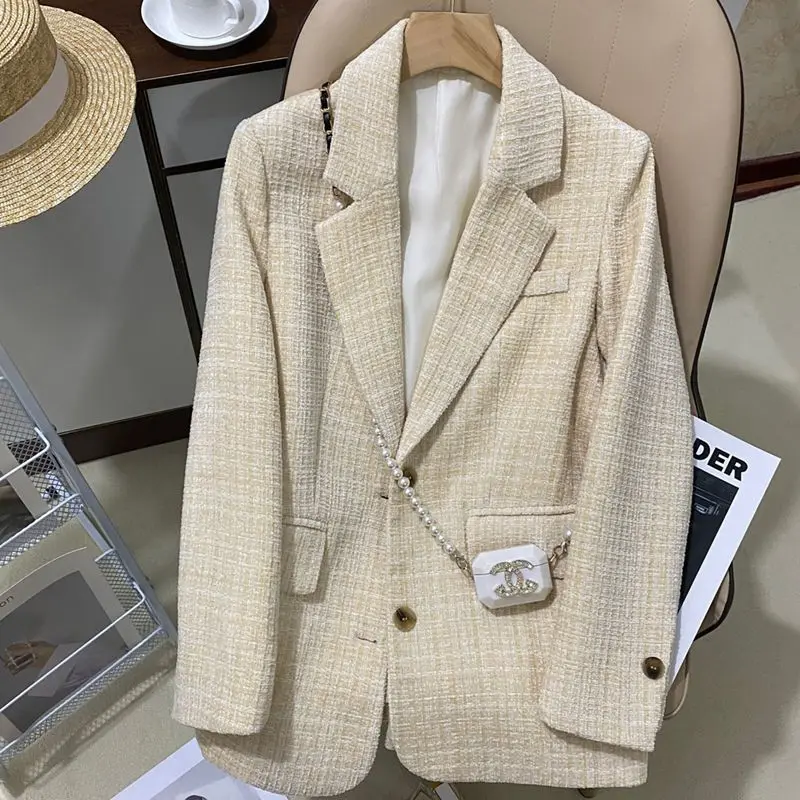 

French Beige Tweed Style Blazer Coat Women Spring and Autumn Season New Elegant Design Sense Niche Temperament Suit Hot Sale