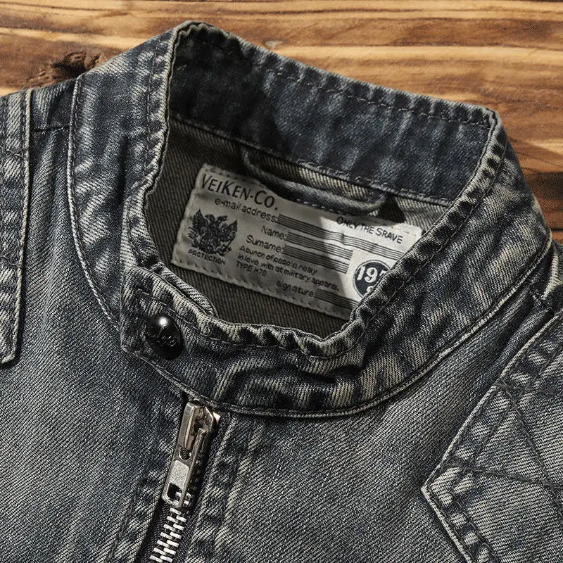 Luxury retro standing collar denim jacket for men's spring and autumn trendy brand loose oversized motorcycle jacket