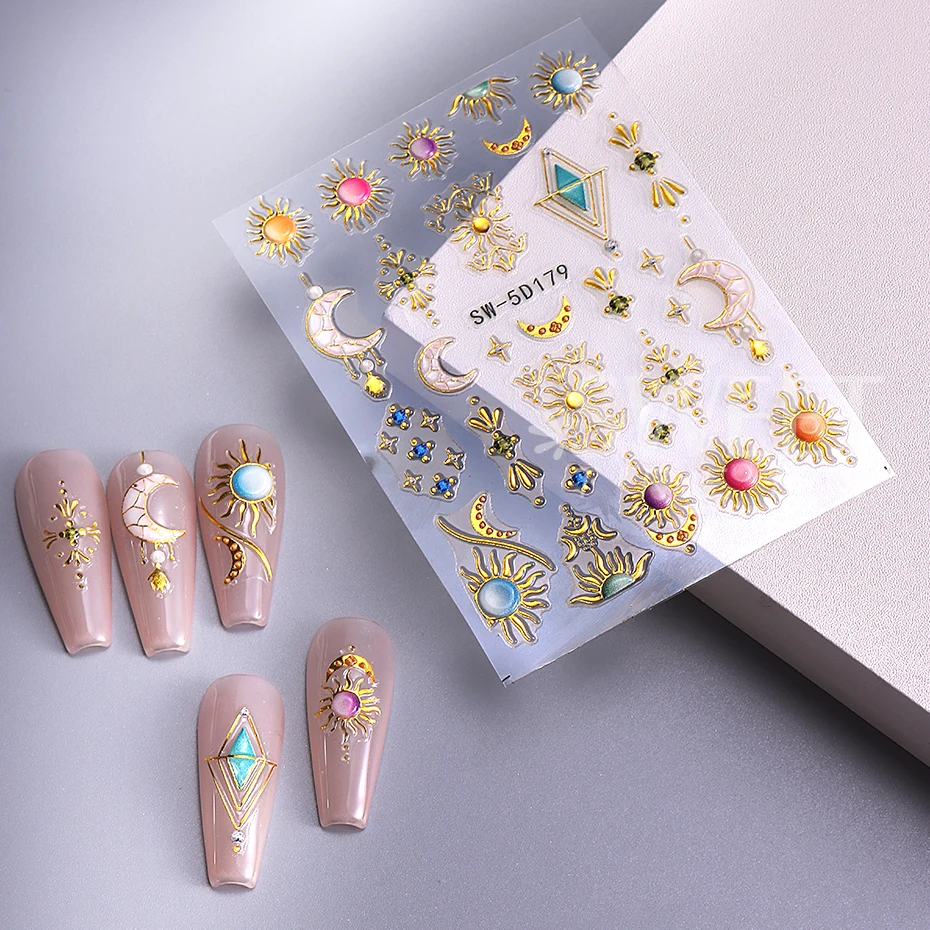 5D Moon Star Flower Nail Art Stickers Decoration Bohemian Style Sun Gem Line Pattern Decal DIY Manicure Sliders Nail Supplies