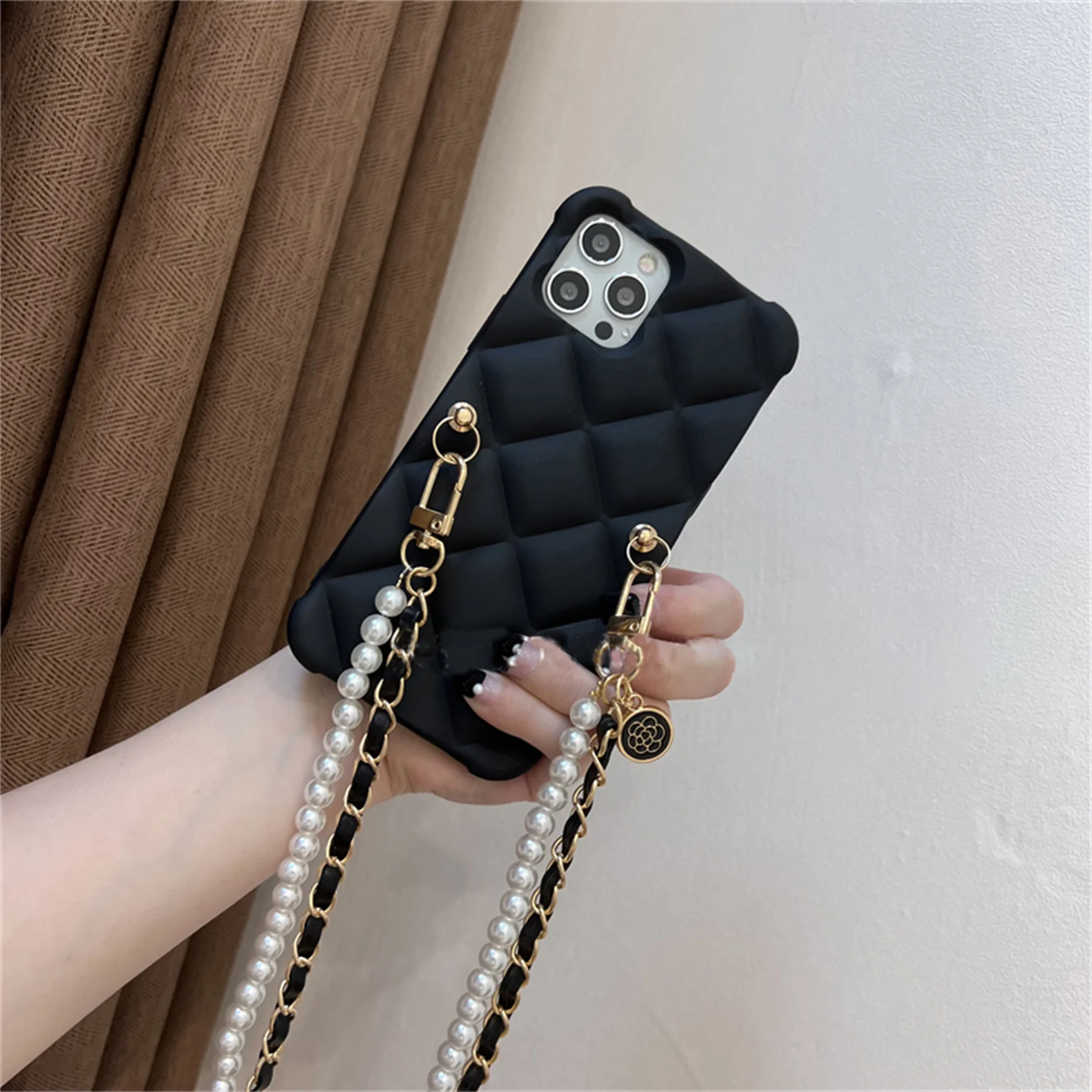 iphone 13 mini leather case Korean Crossbody Lanyard Necklace Leather Pearl Strap Retro Rhombus Case for iPhone 11 12 13 Pro Max XR X XS 7 8 Plus Back Cover iphone 13 mini waterproof case